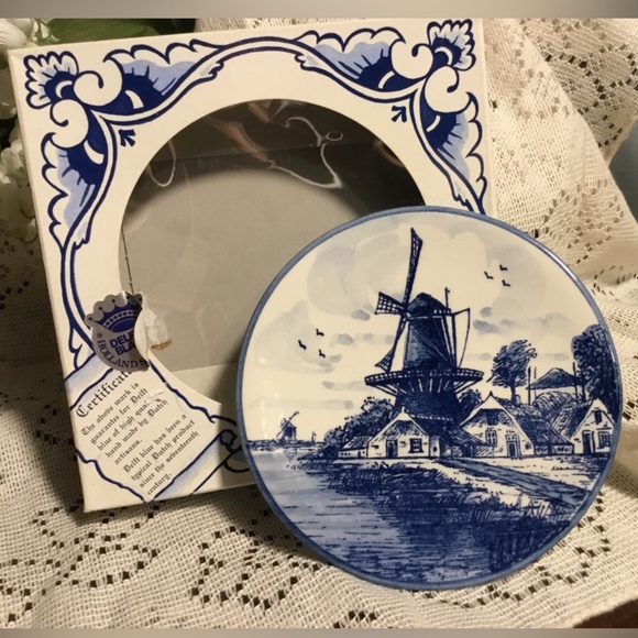 🇳🇱Vintage Delft Blue Hand Painted 3” Wall Plate Detailed Windmill Scene - Picture 1 of 5